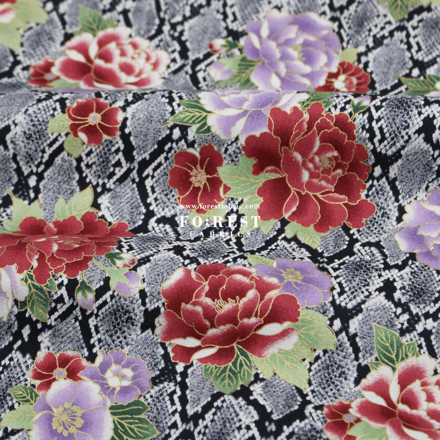 cotton - Sanke Peony金彩白蛇 fabric Black - FO:REST Fabric 布恩堂Liberty fabrictana lawnjapanese fabricykk zipper