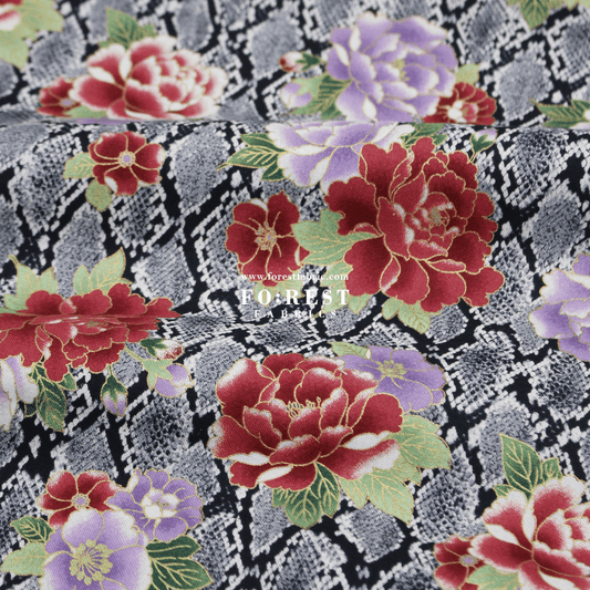 cotton - Sanke Peony金彩白蛇 fabric Black - FO:REST Fabric 布恩堂Liberty fabrictana lawnjapanese fabricykk zipper