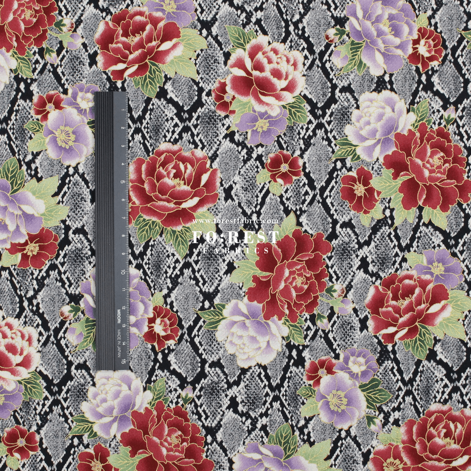 cotton - Sanke Peony金彩白蛇 fabric Black - FO:REST Fabric 布恩堂Liberty fabrictana lawnjapanese fabricykk zipper