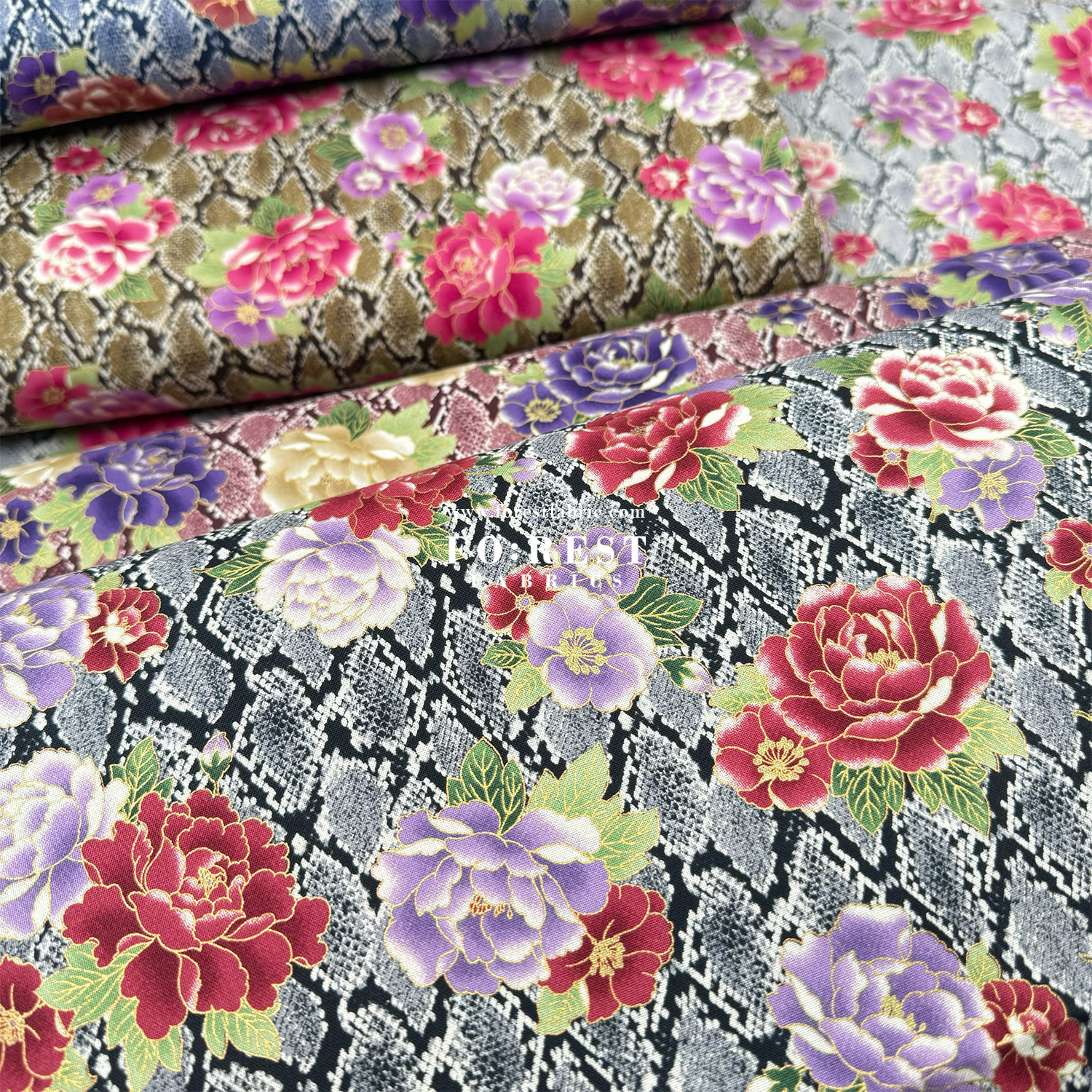 cotton - Sanke Peony金彩白蛇 fabric Black - FO:REST Fabric 布恩堂Liberty fabrictana lawnjapanese fabricykk zipper