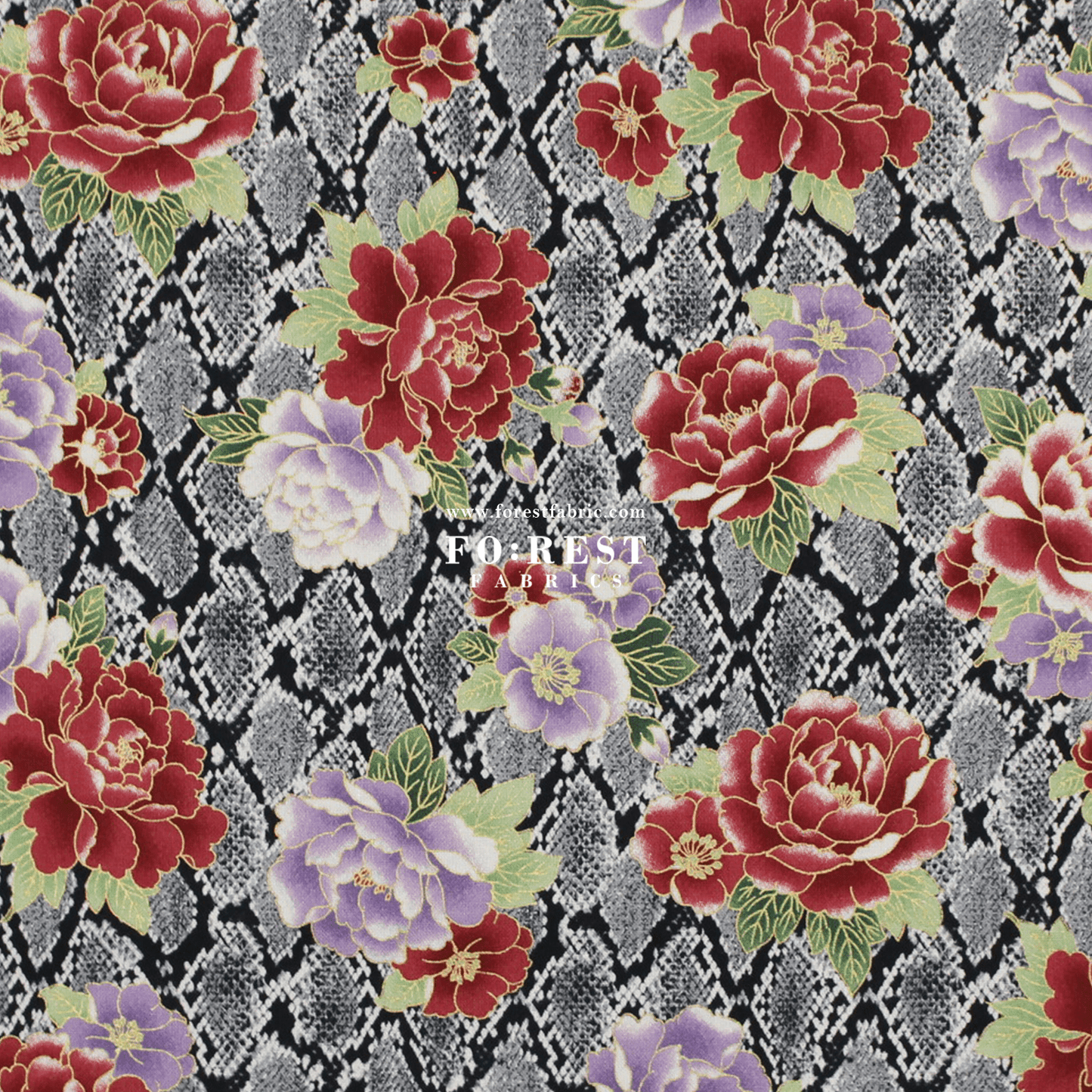 cotton - Sanke Peony金彩白蛇 fabric Black - FO:REST Fabric 布恩堂Liberty fabrictana lawnjapanese fabricykk zipper