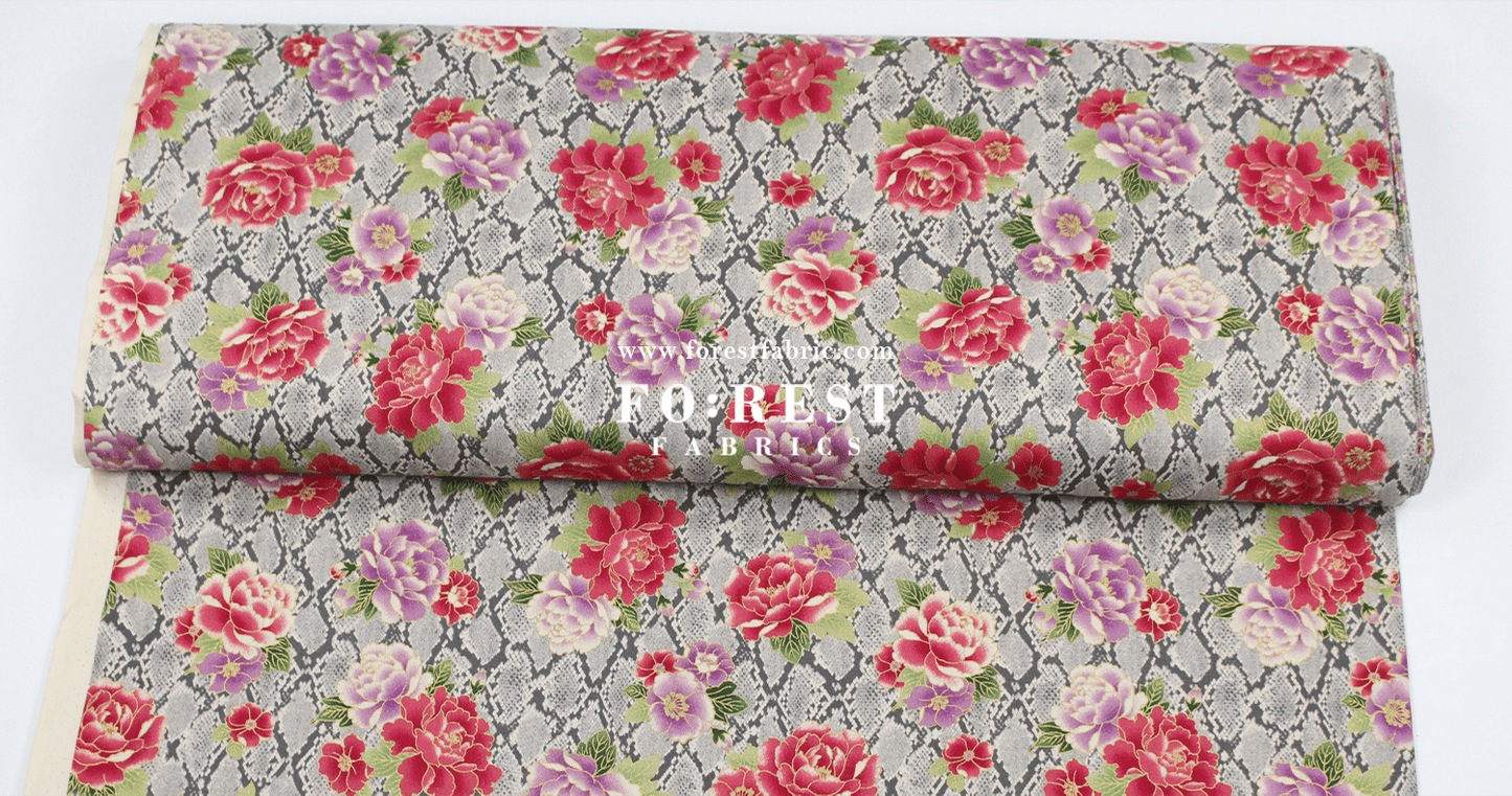 cotton - Sanke Peony金彩白蛇 fabric Gray - FO:REST Fabric 布恩堂Liberty fabrictana lawnjapanese fabricykk zipper