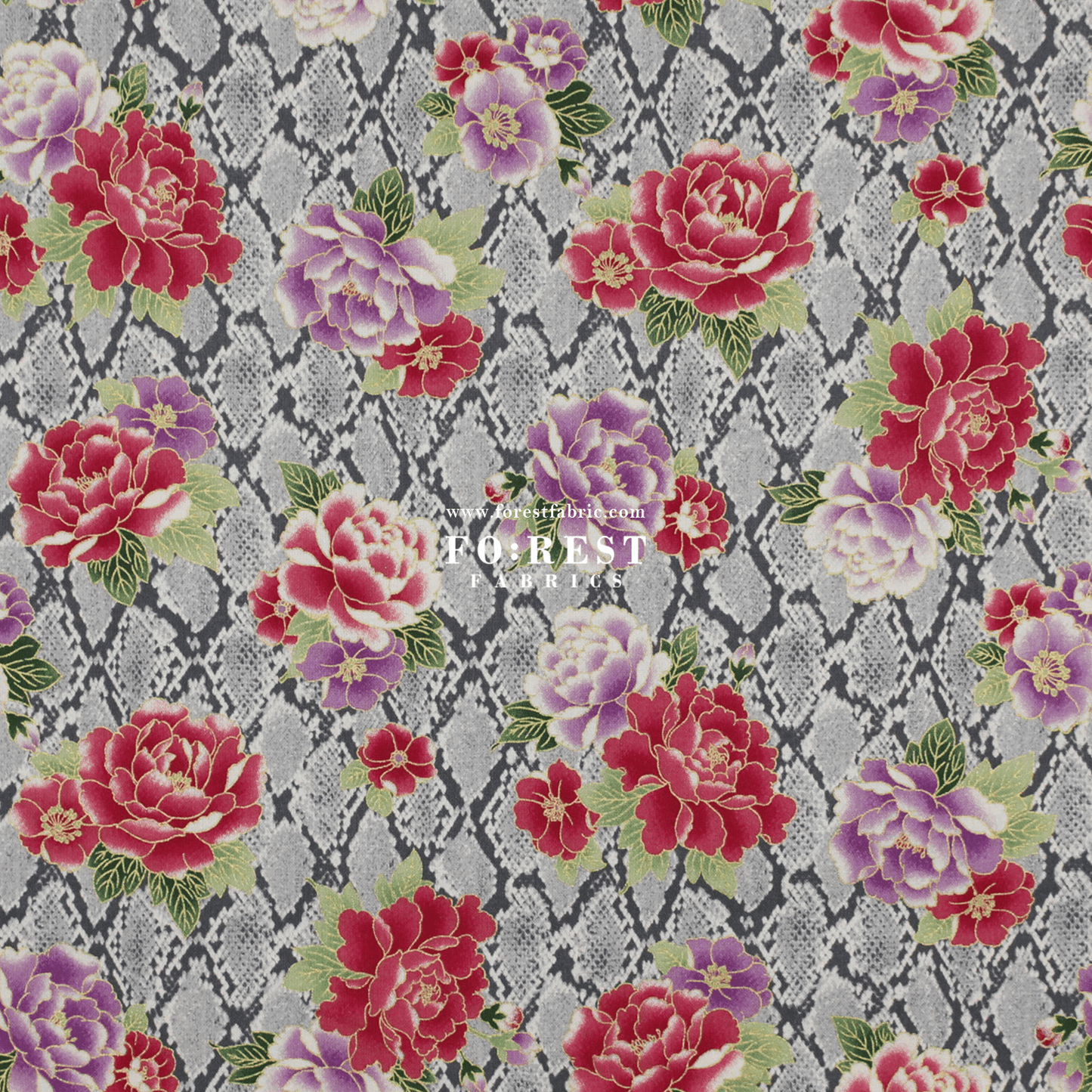 cotton - Sanke Peony金彩白蛇 fabric Gray - FO:REST Fabric 布恩堂Liberty fabrictana lawnjapanese fabricykk zipper