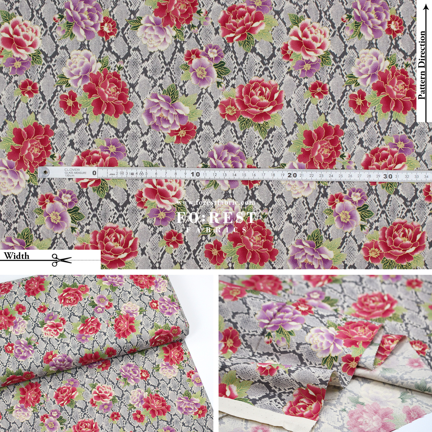 cotton - Sanke Peony金彩白蛇 fabric Gray - FO:REST Fabric 布恩堂Liberty fabrictana lawnjapanese fabricykk zipper