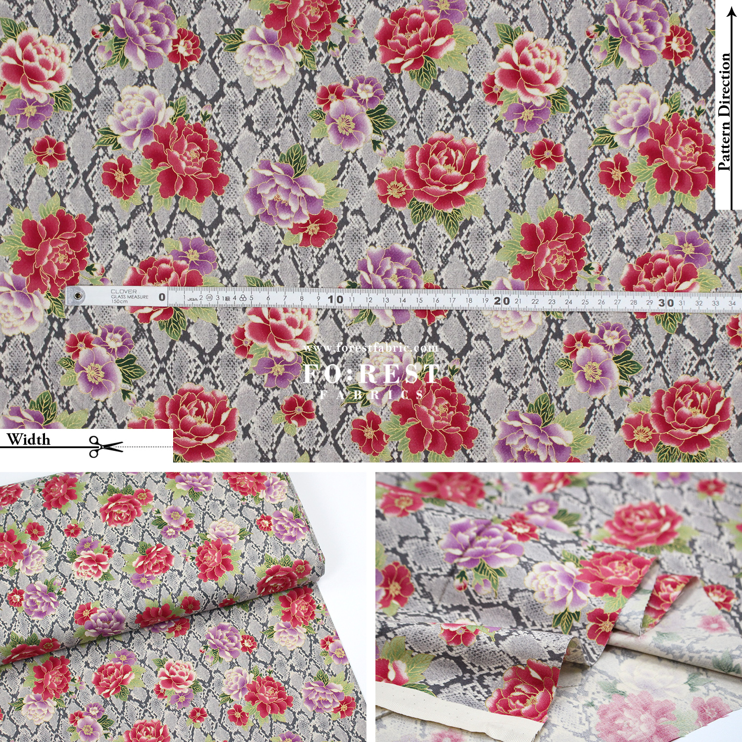 cotton - Sanke Peony金彩白蛇 fabric Gray - FO:REST Fabric 布恩堂Liberty fabrictana lawnjapanese fabricykk zipper