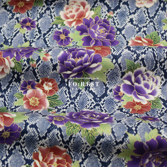 cotton - Sanke Peony金彩白蛇 fabric Navy - FO:REST Fabric 布恩堂Liberty fabrictana lawnjapanese fabricykk zipper