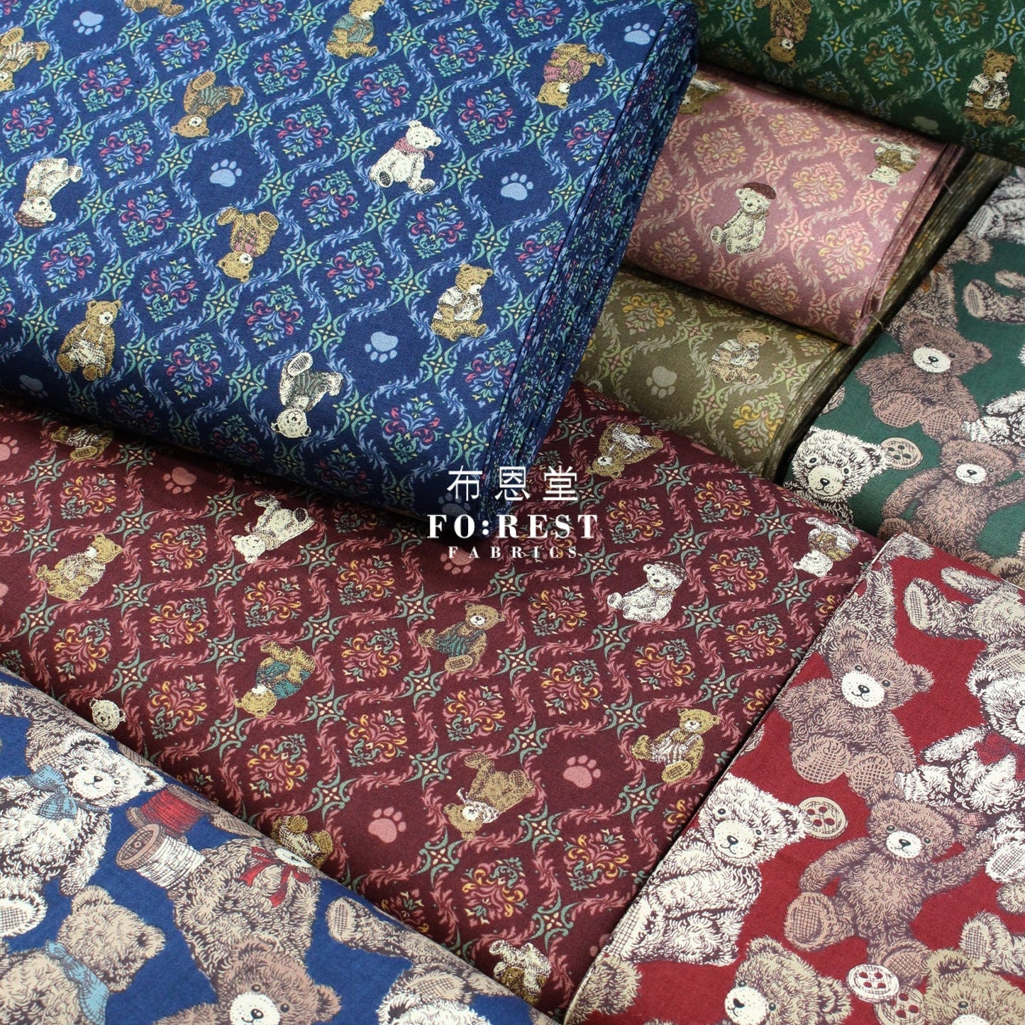 cotton - Sewing Teddy Bear fabric Wine - FO:REST Fabric 布恩堂Liberty fabrictana lawnjapanese fabricykk zipper