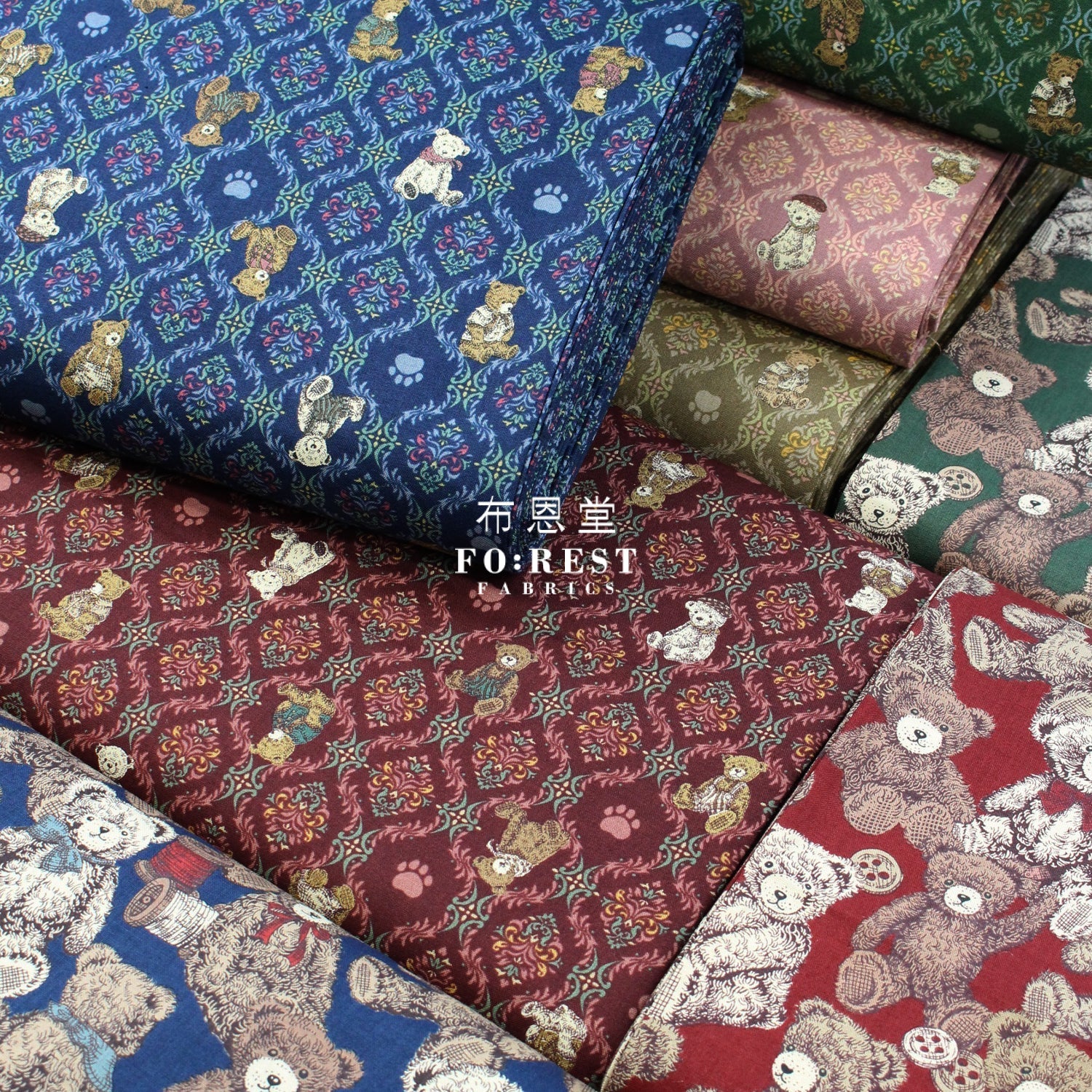 cotton - Sewing Teddy Bear fabric Wine - FO:REST Fabric 布恩堂Liberty fabrictana lawnjapanese fabricykk zipper