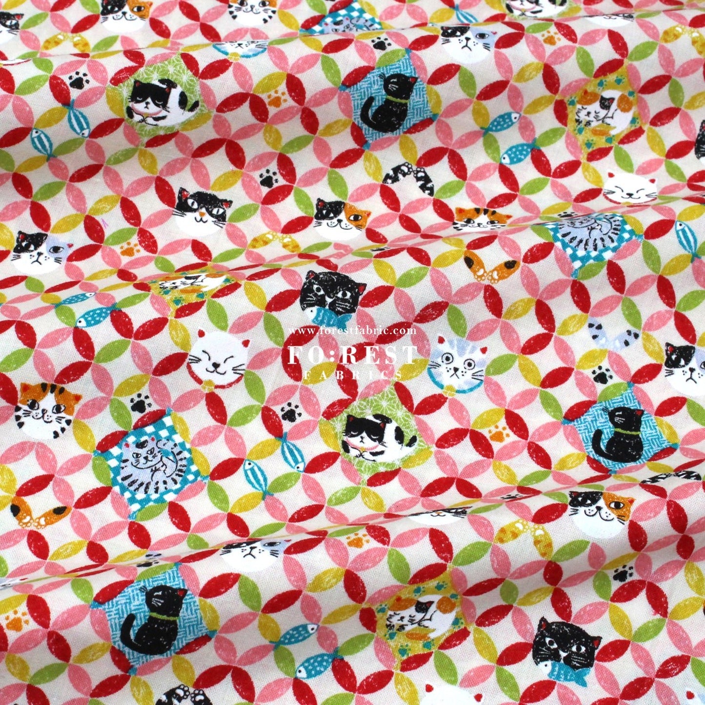 cotton - Shippo cats fabric Natural - FO:REST Fabric 布恩堂Liberty fabrictana lawnjapanese fabricykk zipper