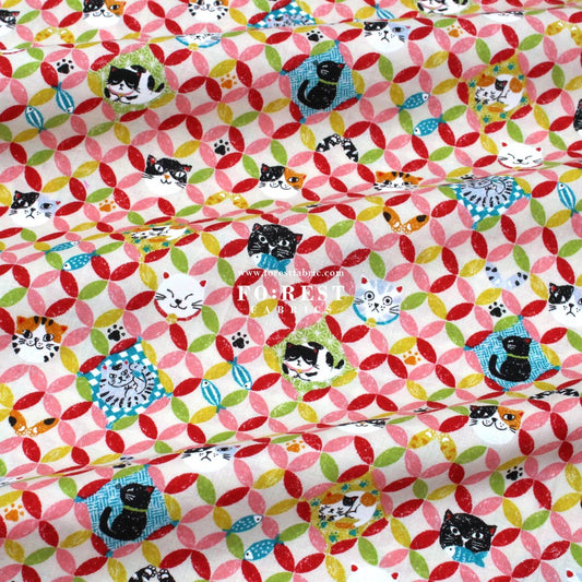 cotton - Shippo cats fabric Natural - FO:REST Fabric 布恩堂Liberty fabrictana lawnjapanese fabricykk zipper