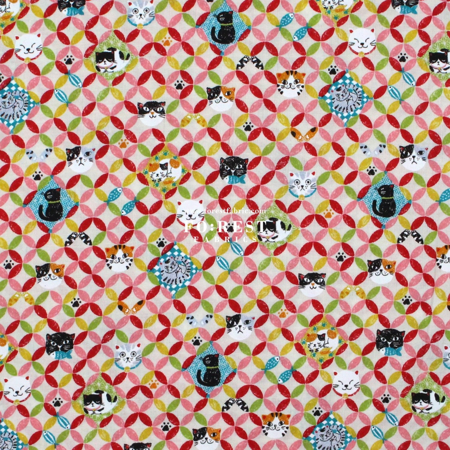 cotton - Shippo cats fabric Natural - FO:REST Fabric 布恩堂Liberty fabrictana lawnjapanese fabricykk zipper