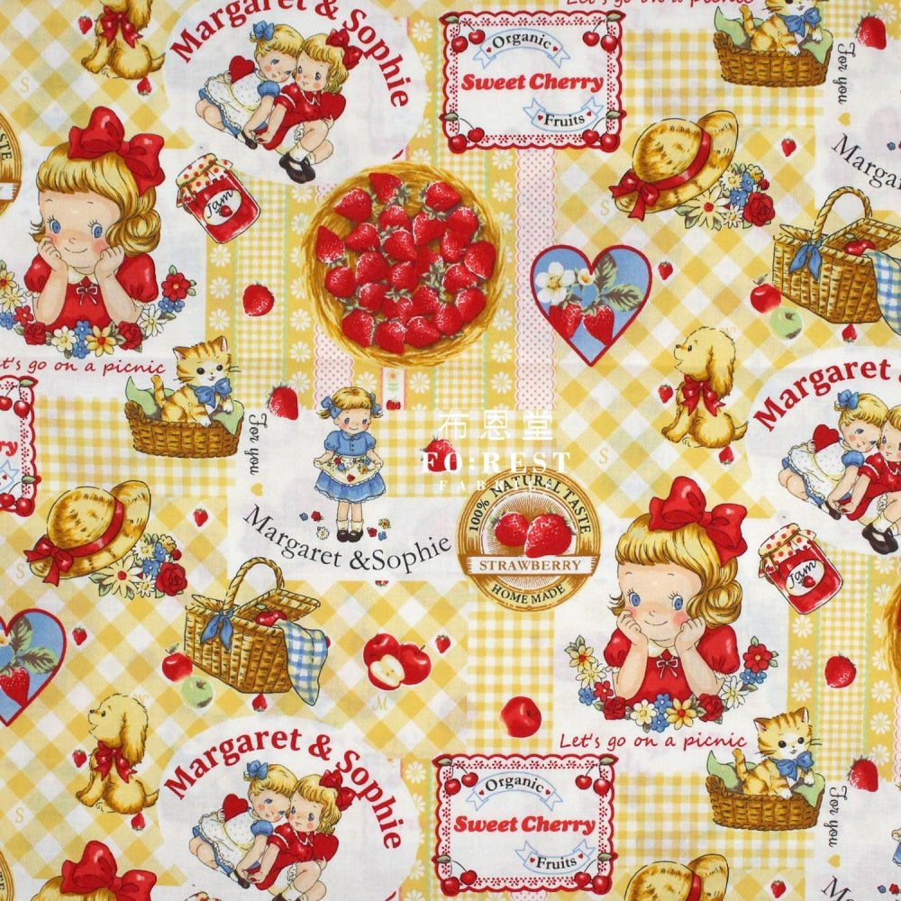 cotton - Strawberry picking fabric Yellow - FO:REST Fabric 布恩堂Liberty fabrictana lawnjapanese fabricykk zipper