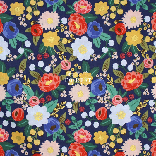 Cotton - Vintage Blossom Navy Metallic Fabric