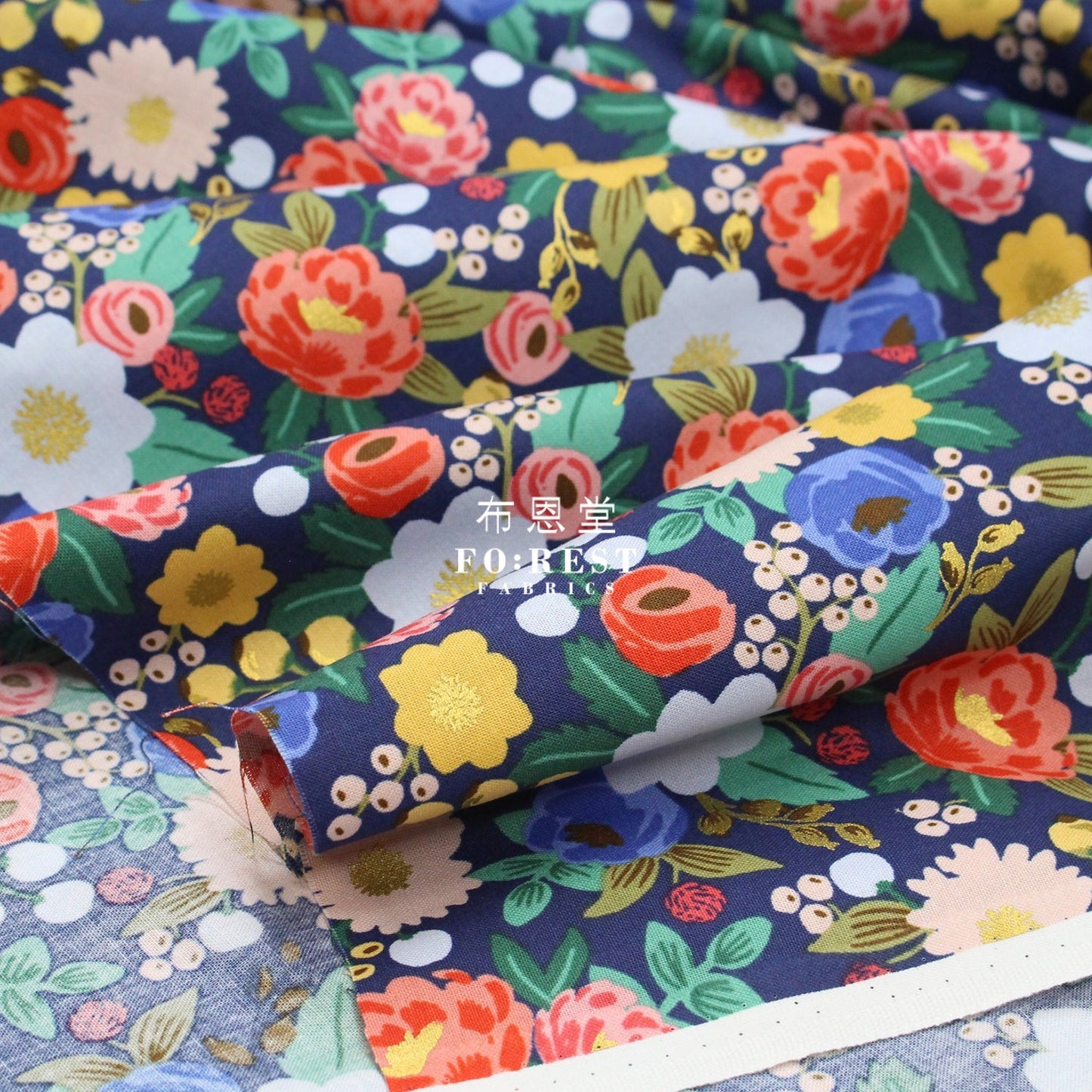 cotton - Vintage Blossom - Navy Metallic fabric - FO:REST Fabric 布恩堂Liberty fabrictana lawnjapanese fabricykk zipper