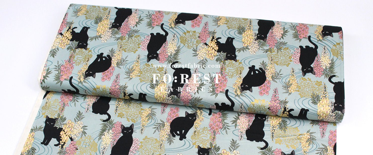 cotton - Wisteria flower cat S size fabric Mint - FO:REST Fabric 布恩堂Liberty fabrictana lawnjapanese fabricykk zipper
