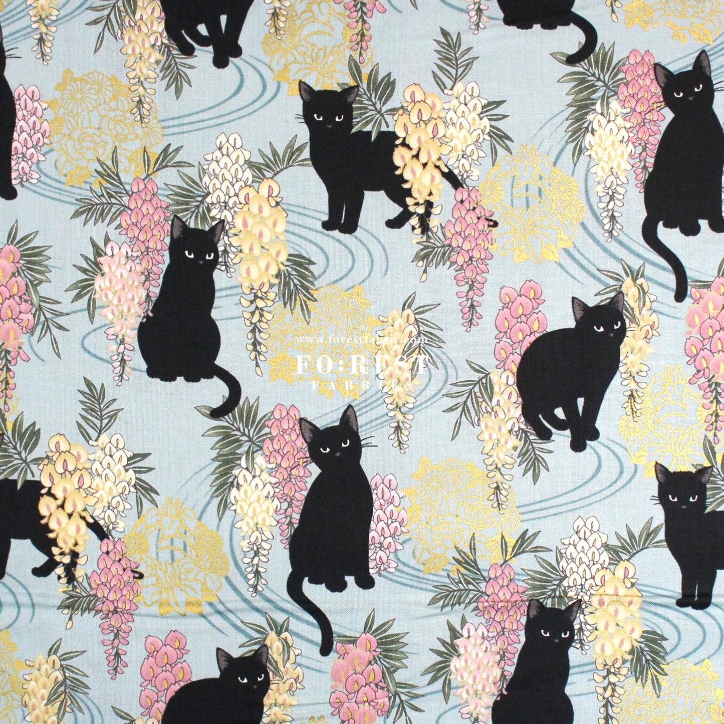 cotton - Wisteria flower cat S size fabric Mint - FO:REST Fabric 布恩堂Liberty fabrictana lawnjapanese fabricykk zipper
