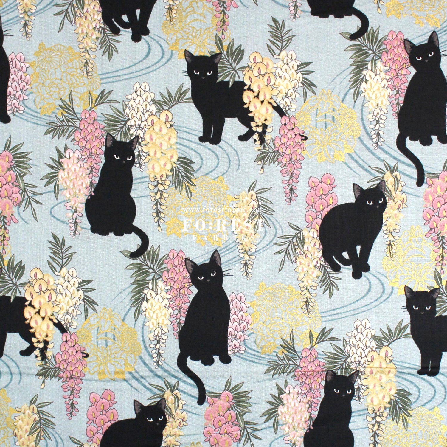cotton - Wisteria flower cat S size fabric Mint - FO:REST Fabric 布恩堂Liberty fabrictana lawnjapanese fabricykk zipper