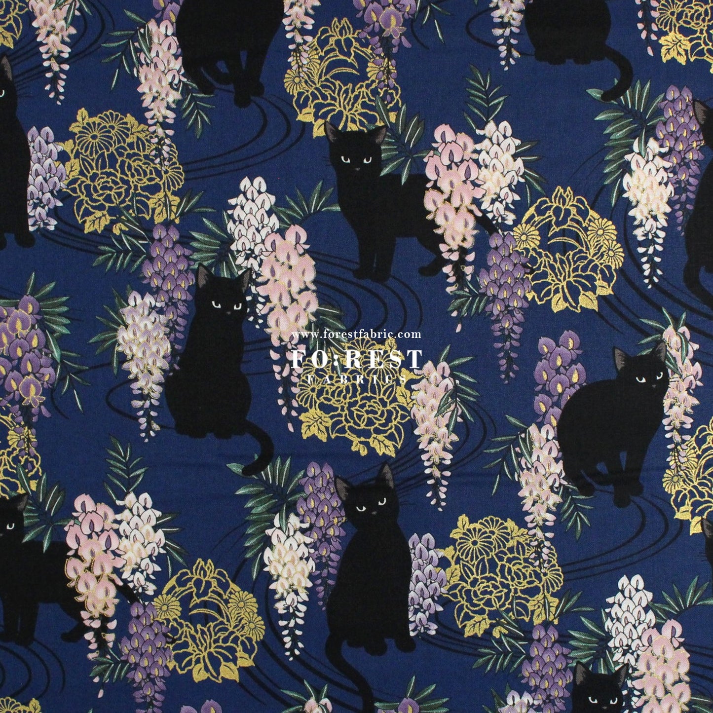 cotton - Wisteria flower cat S size fabric Navy - FO:REST Fabric 布恩堂Liberty fabrictana lawnjapanese fabricykk zipper
