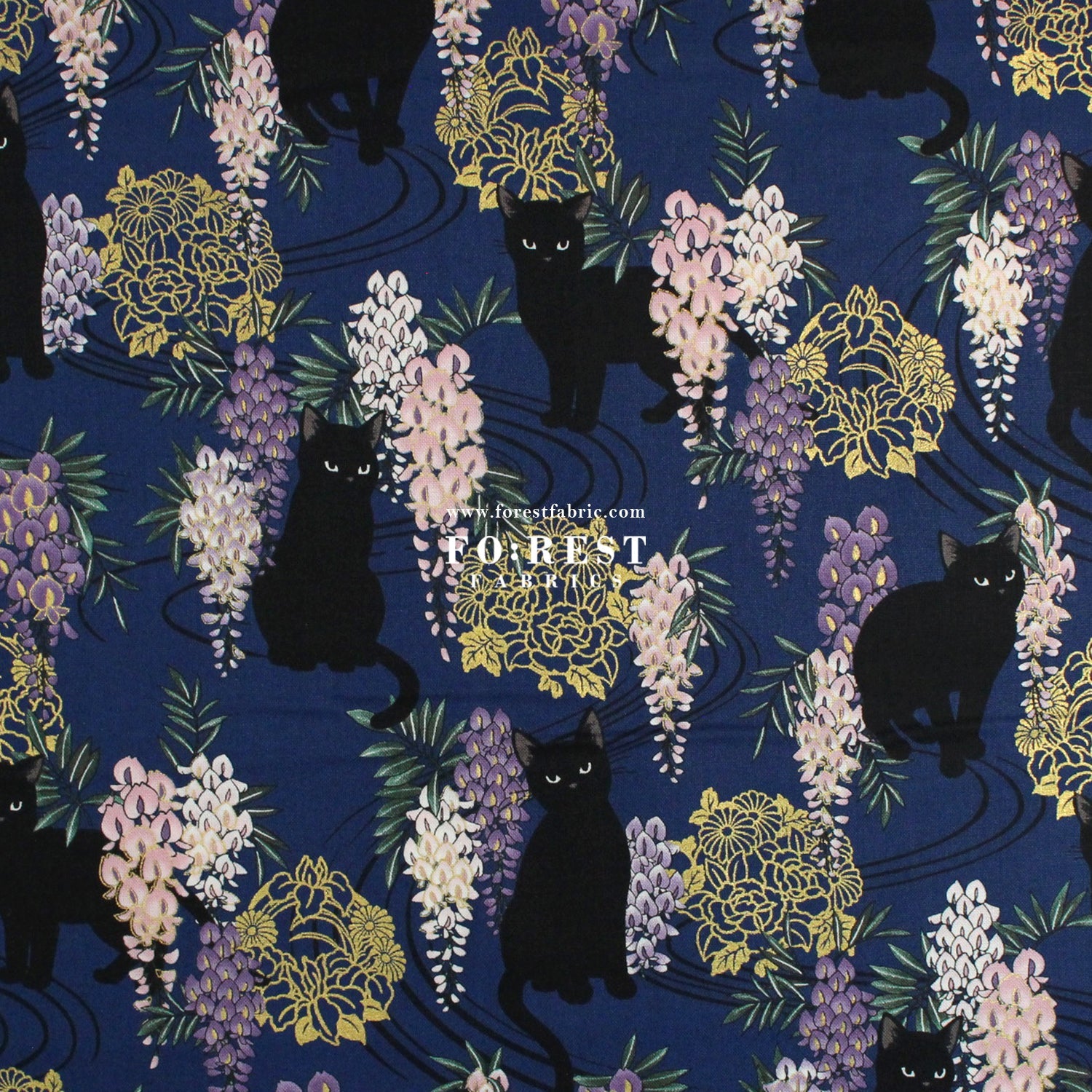 cotton - Wisteria flower cat S size fabric Navy - FO:REST Fabric 布恩堂Liberty fabrictana lawnjapanese fabricykk zipper