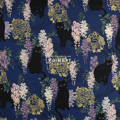 cotton - Wisteria flower cat S size fabric Navy - FO:REST Fabric 布恩堂Liberty fabrictana lawnjapanese fabricykk zipper