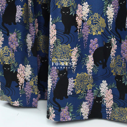 cotton - Wisteria flower cat S size fabric Navy - FO:REST Fabric 布恩堂Liberty fabrictana lawnjapanese fabricykk zipper