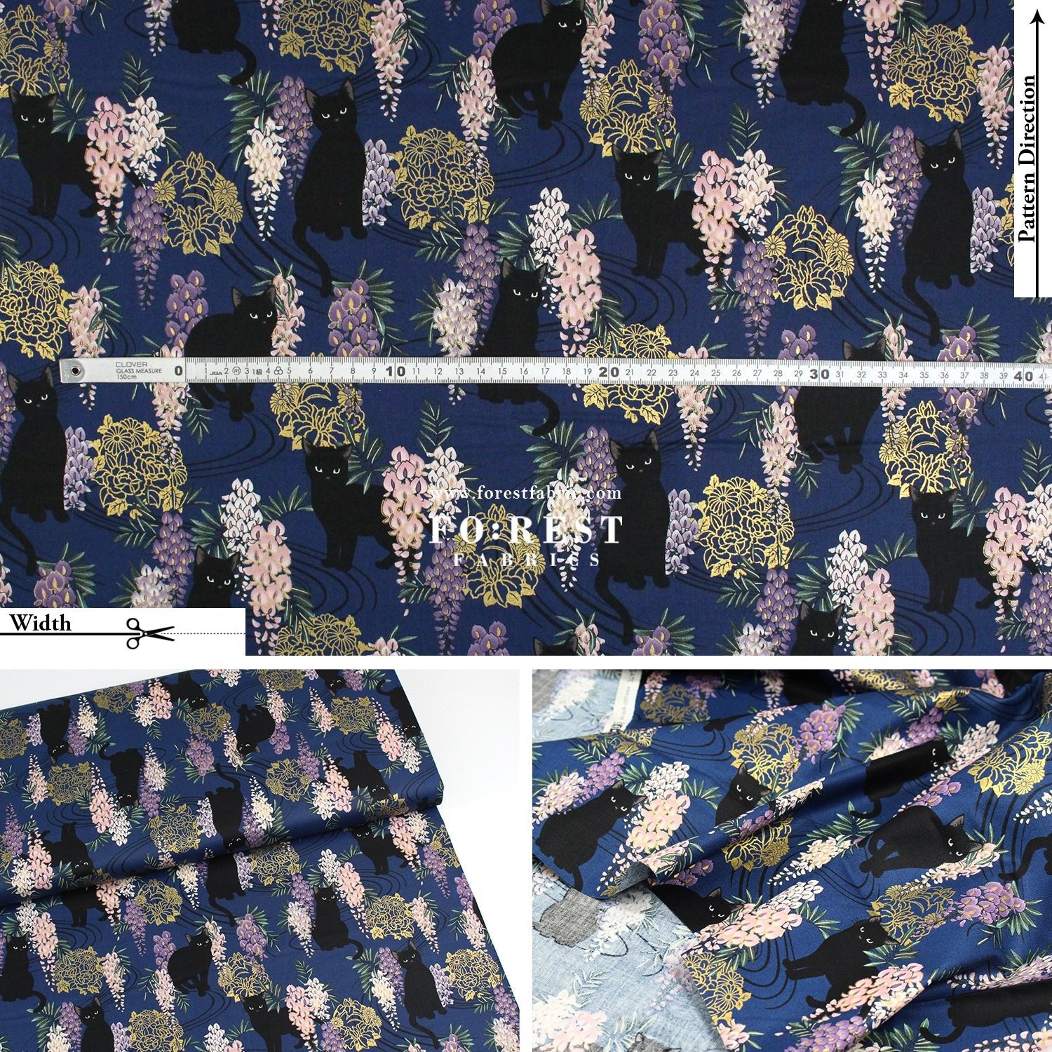 cotton - Wisteria flower cat S size fabric Navy - FO:REST Fabric 布恩堂Liberty fabrictana lawnjapanese fabricykk zipper
