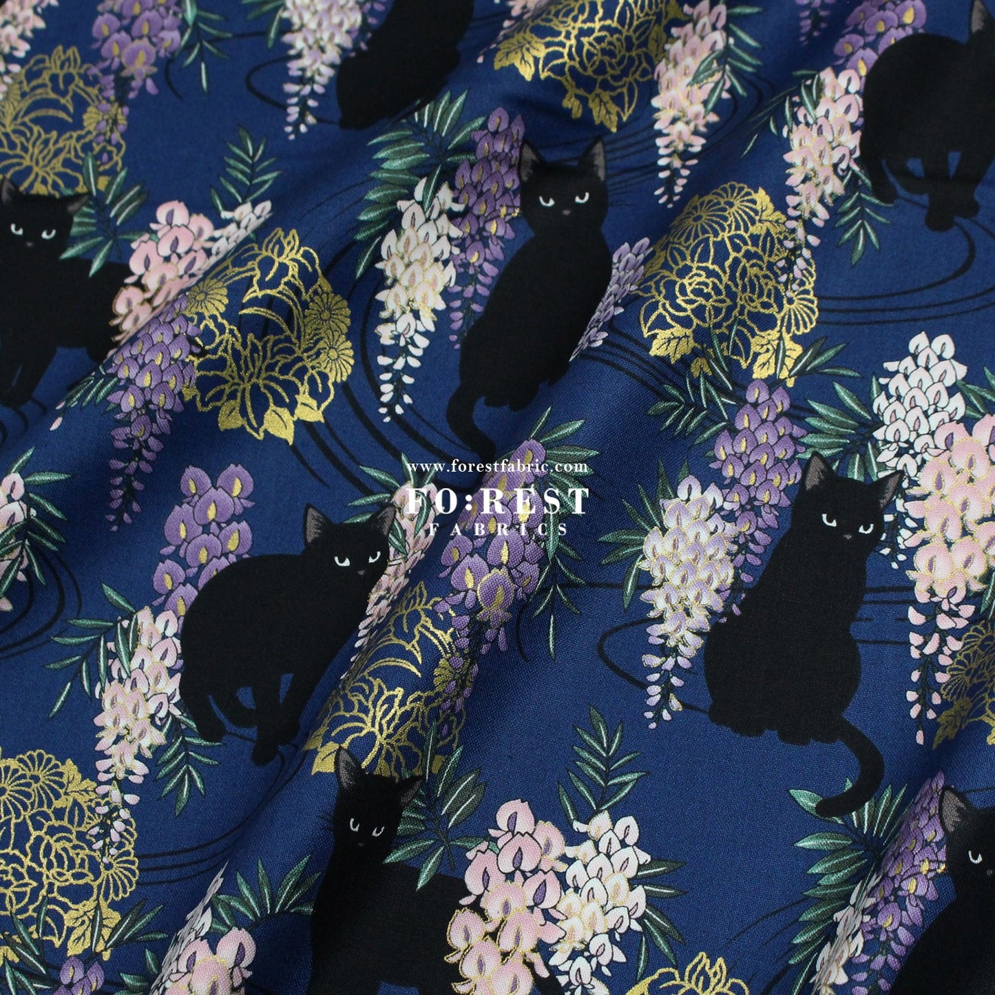 cotton - Wisteria flower cat S size fabric Navy - FO:REST Fabric 布恩堂Liberty fabrictana lawnjapanese fabricykk zipper