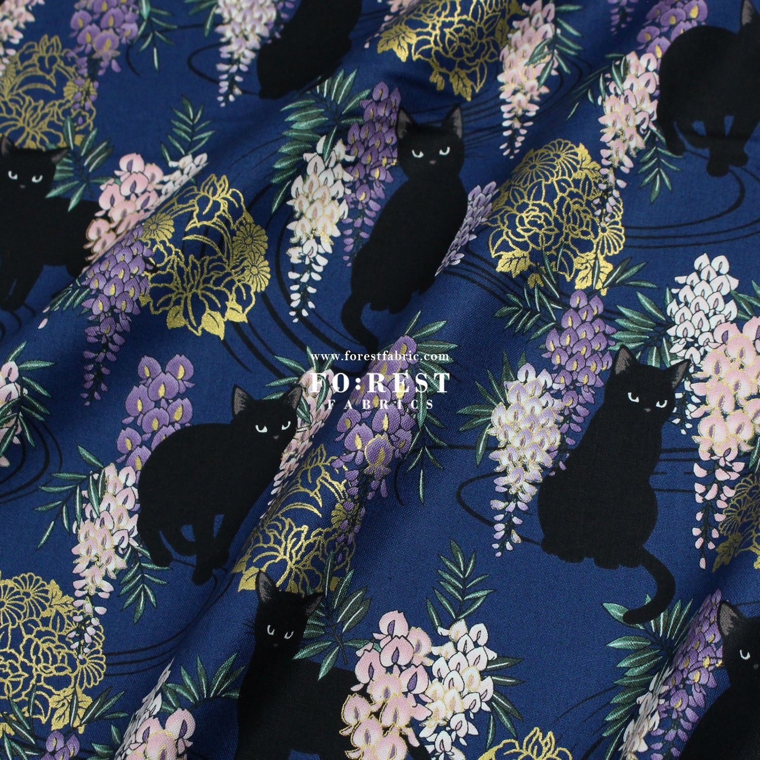 cotton - Wisteria flower cat S size fabric Navy - FO:REST Fabric 布恩堂Liberty fabrictana lawnjapanese fabricykk zipper