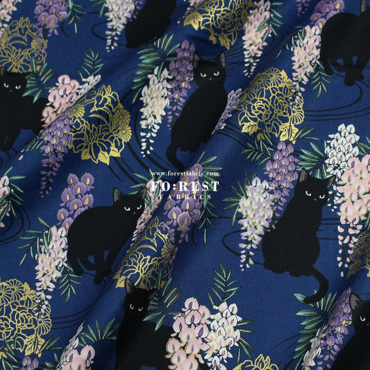 cotton - Wisteria flower cat S size fabric Navy - FO:REST Fabric 布恩堂Liberty fabrictana lawnjapanese fabricykk zipper