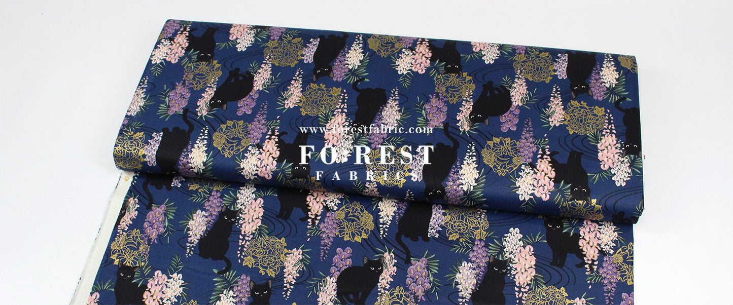 cotton - Wisteria flower cat S size fabric Navy - FO:REST Fabric 布恩堂Liberty fabrictana lawnjapanese fabricykk zipper