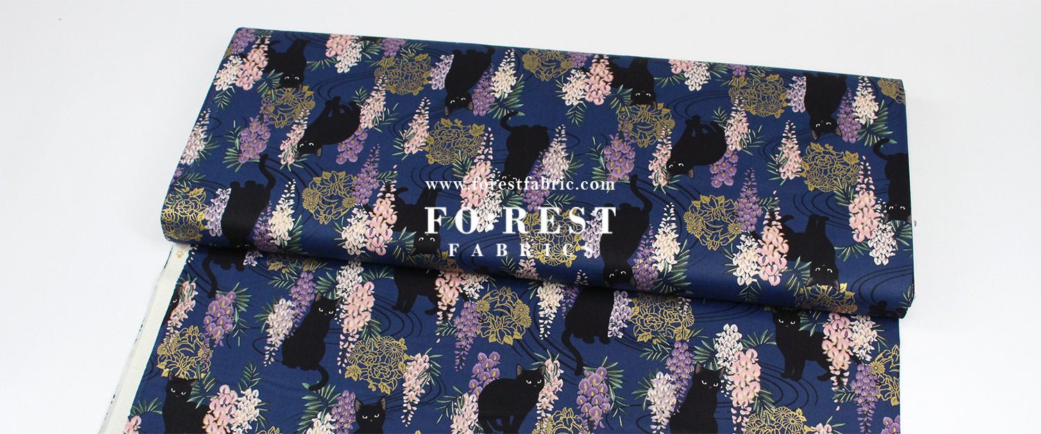 cotton - Wisteria flower cat S size fabric Navy - FO:REST Fabric 布恩堂Liberty fabrictana lawnjapanese fabricykk zipper