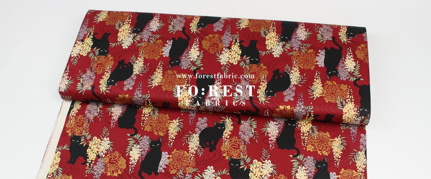 cotton - Wisteria flower cat S size fabric Wine - FO:REST Fabric 布恩堂Liberty fabrictana lawnjapanese fabricykk zipper