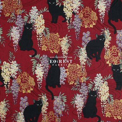 cotton - Wisteria flower cat S size fabric Wine - FO:REST Fabric 布恩堂Liberty fabrictana lawnjapanese fabricykk zipper