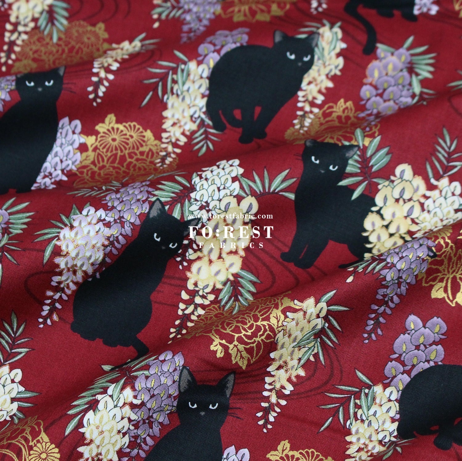 cotton - Wisteria flower cat S size fabric Wine - FO:REST Fabric 布恩堂Liberty fabrictana lawnjapanese fabricykk zipper