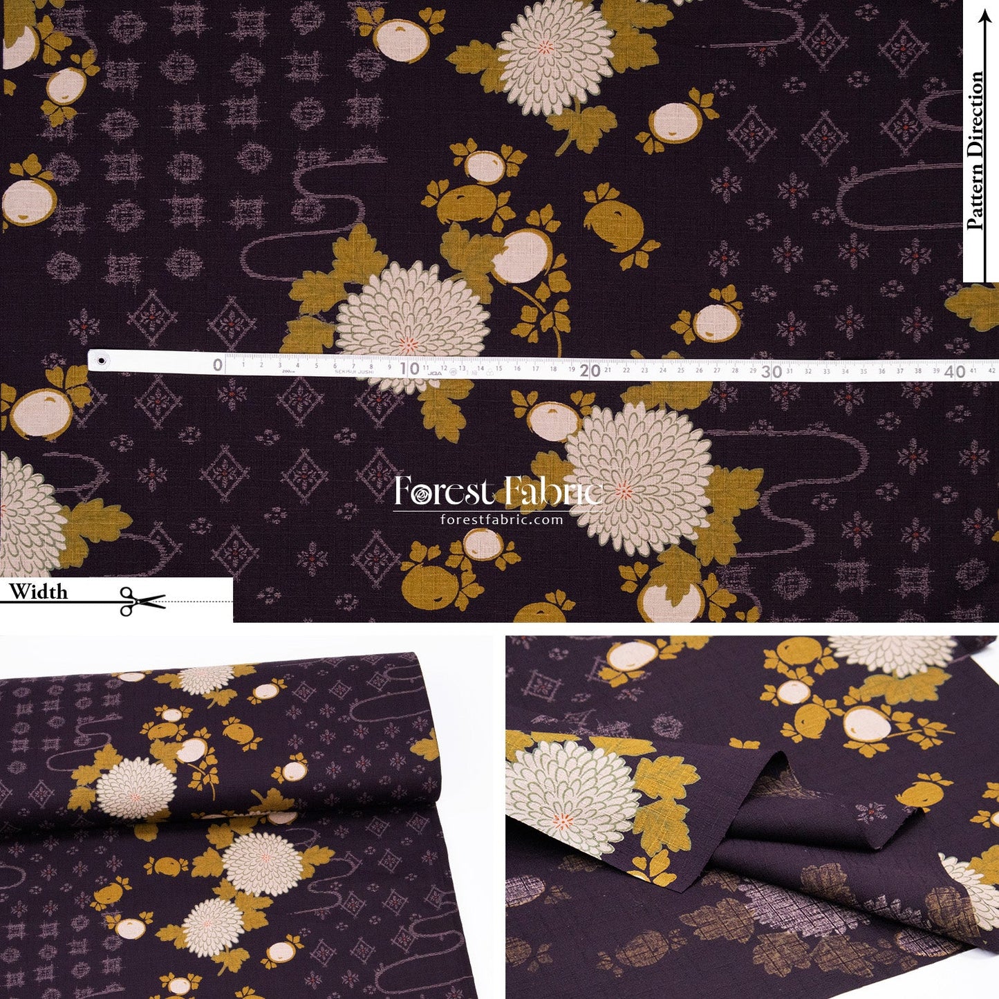 dobby - Midnight Chrysanthemums fabric - FO:REST Fabric 布恩堂Liberty fabrictana lawnjapanese fabricykk zipper