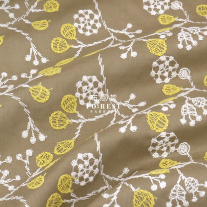 Embroidery Cotton - Flower Khaki Fabric