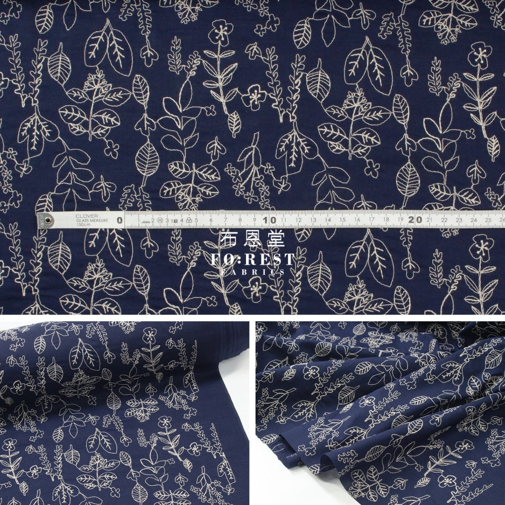 Embroidery Cotton - Flower Navy Fabric