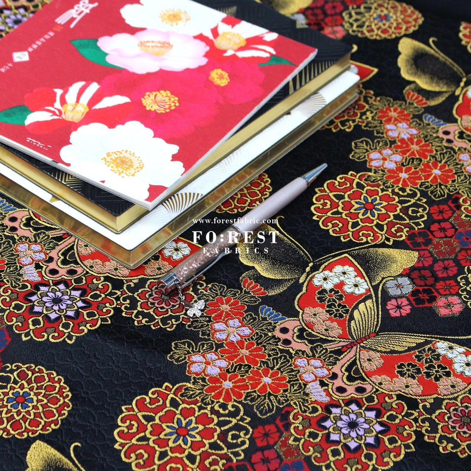 Gold Brocade - Butterfly fabric BlackRed - FO:REST Fabric 布恩堂Liberty fabrictana lawnjapanese fabricykk zipper