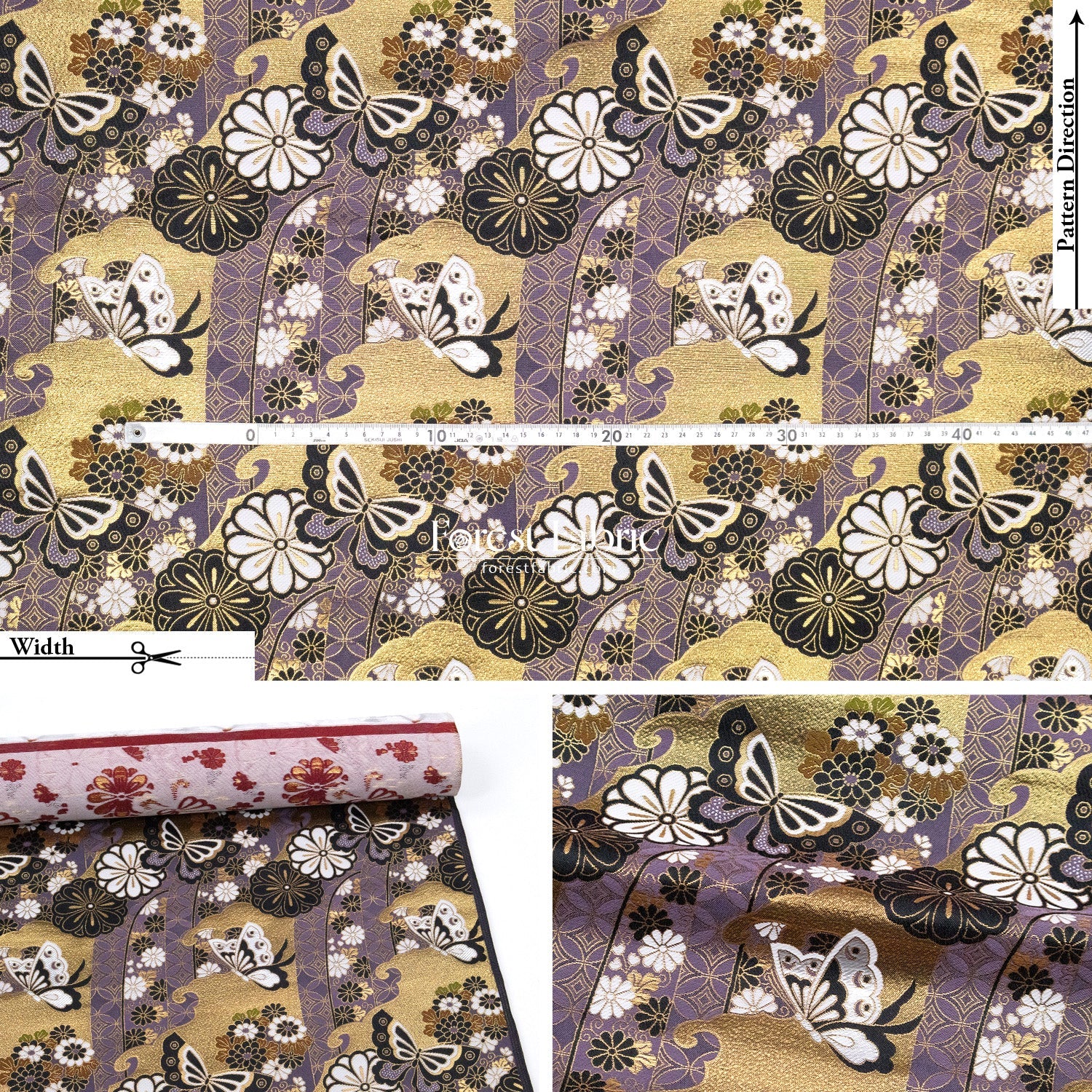 Gold Brocade - Butterfly fabric Dark Purple - FO:REST Fabric 布恩堂Liberty fabrictana lawnjapanese fabricykk zipper