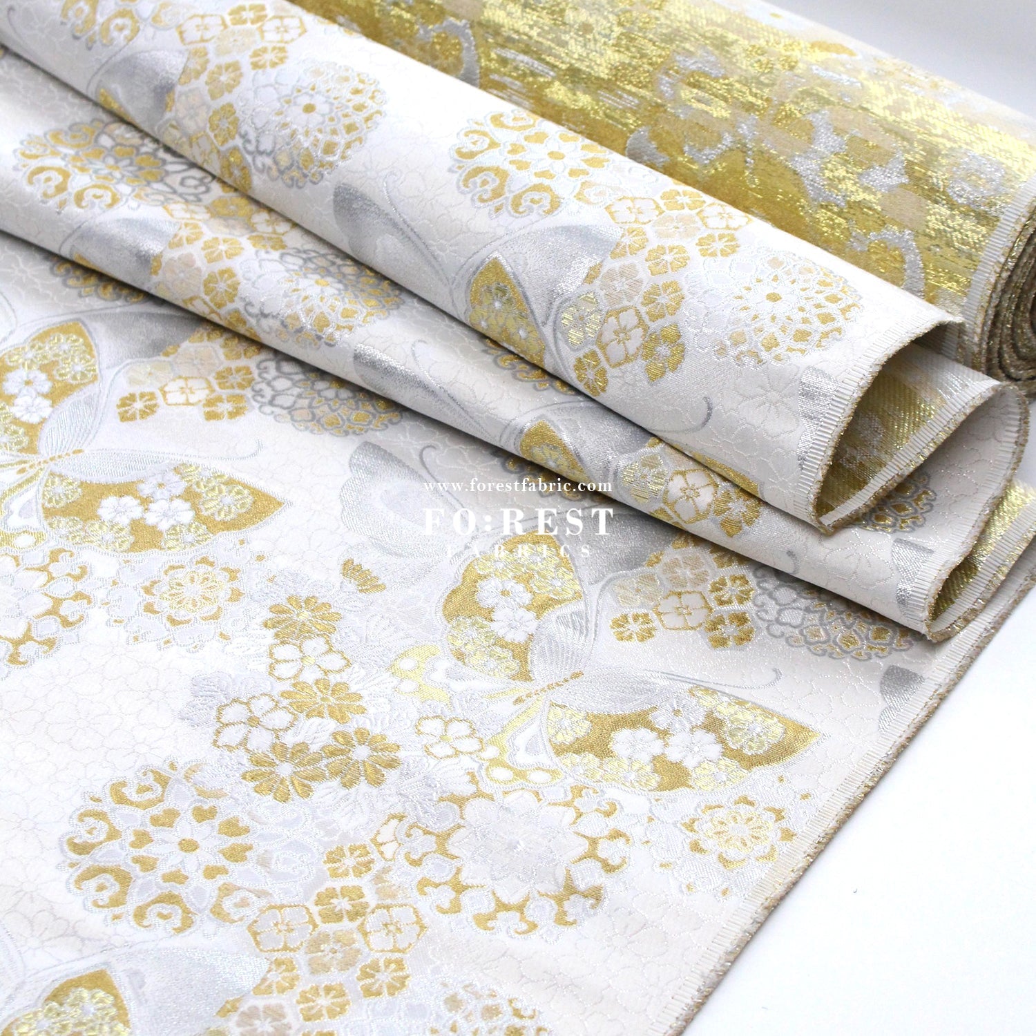 Gold Brocade - Butterfly fabric White - FO:REST Fabric 布恩堂Liberty fabrictana lawnjapanese fabricykk zipper