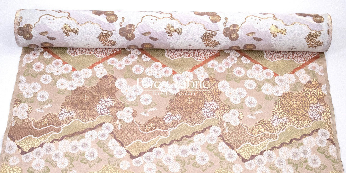 Gold Brocade - Chrysanthemum 九華菊 fabric Khaki - FO:REST Fabric 布恩堂Liberty fabrictana lawnjapanese fabricykk zipper