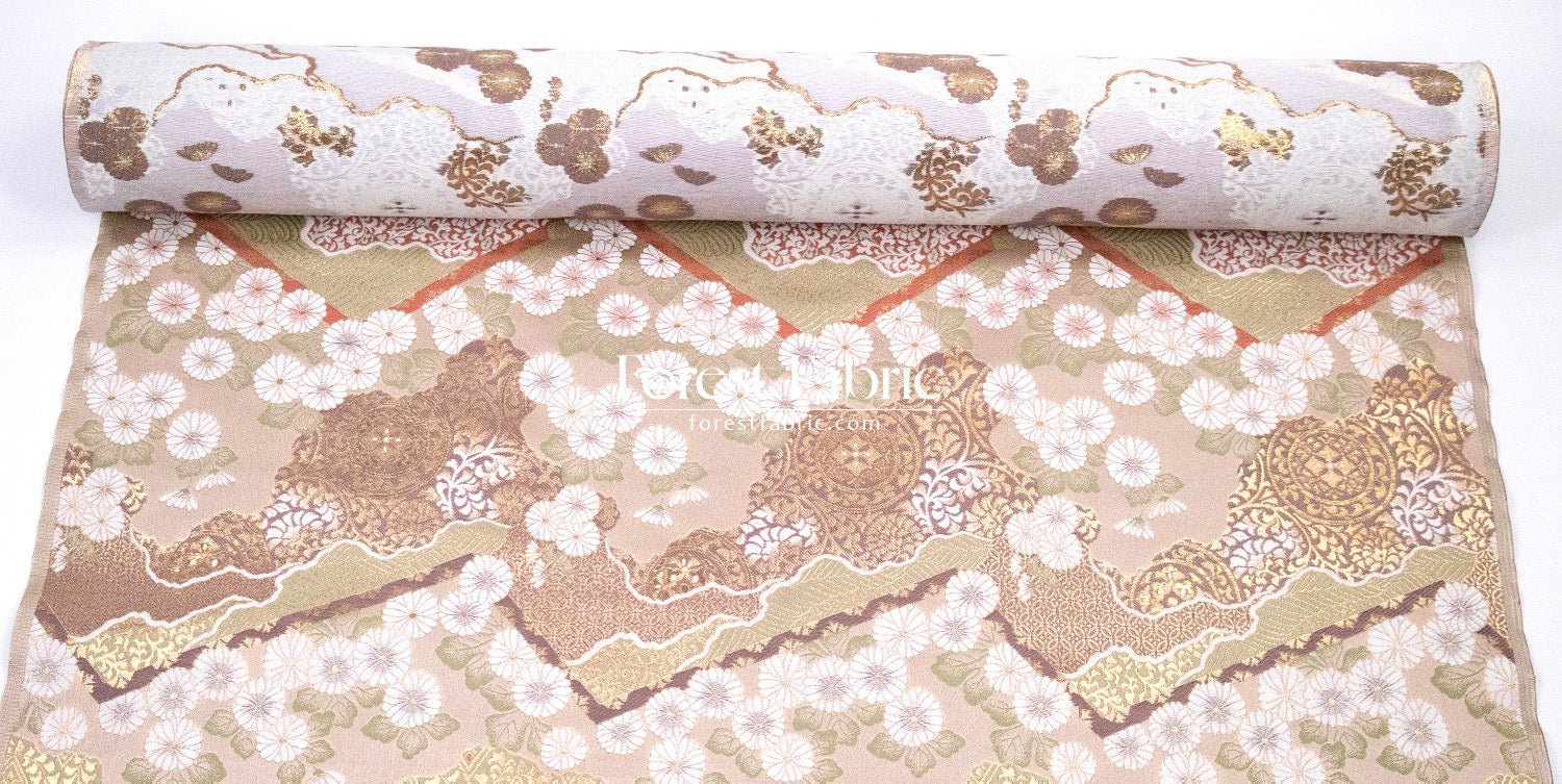 Gold Brocade - Chrysanthemum 九華菊 fabric Khaki - FO:REST Fabric 布恩堂Liberty fabrictana lawnjapanese fabricykk zipper