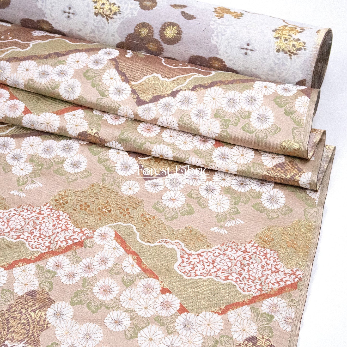 Gold Brocade - Chrysanthemum 九華菊 fabric Khaki - FO:REST Fabric 布恩堂Liberty fabrictana lawnjapanese fabricykk zipper
