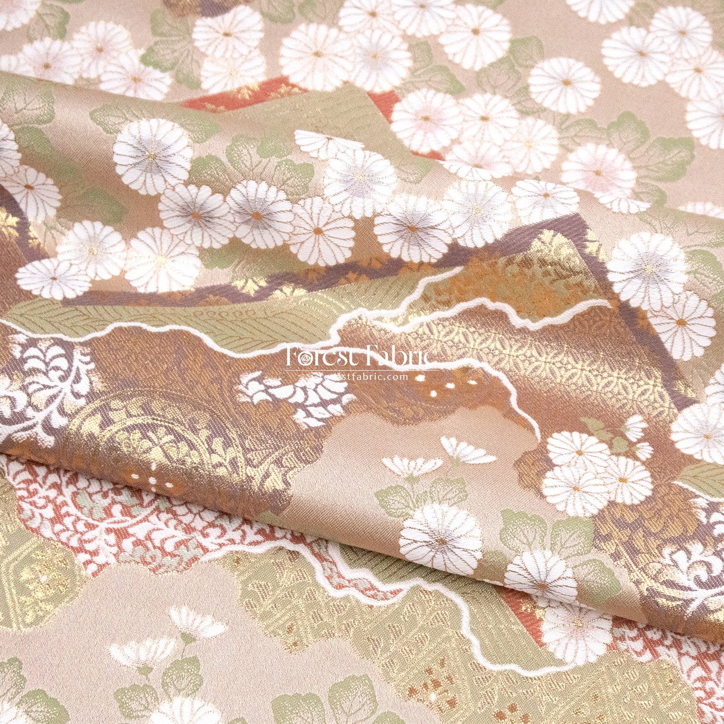 Gold Brocade - Chrysanthemum 九華菊 fabric Khaki - FO:REST Fabric 布恩堂Liberty fabrictana lawnjapanese fabricykk zipper