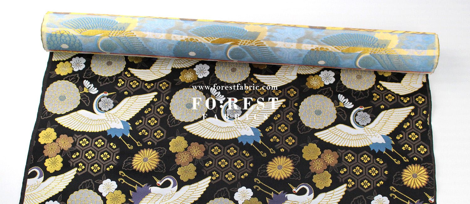 Gold Brocade - Crane fabric Black - FO:REST Fabric 布恩堂Liberty fabrictana lawnjapanese fabricykk zipper