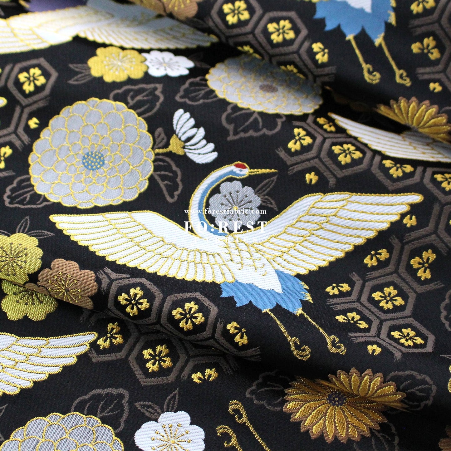 Gold Brocade - Crane fabric Black - FO:REST Fabric 布恩堂Liberty fabrictana lawnjapanese fabricykk zipper