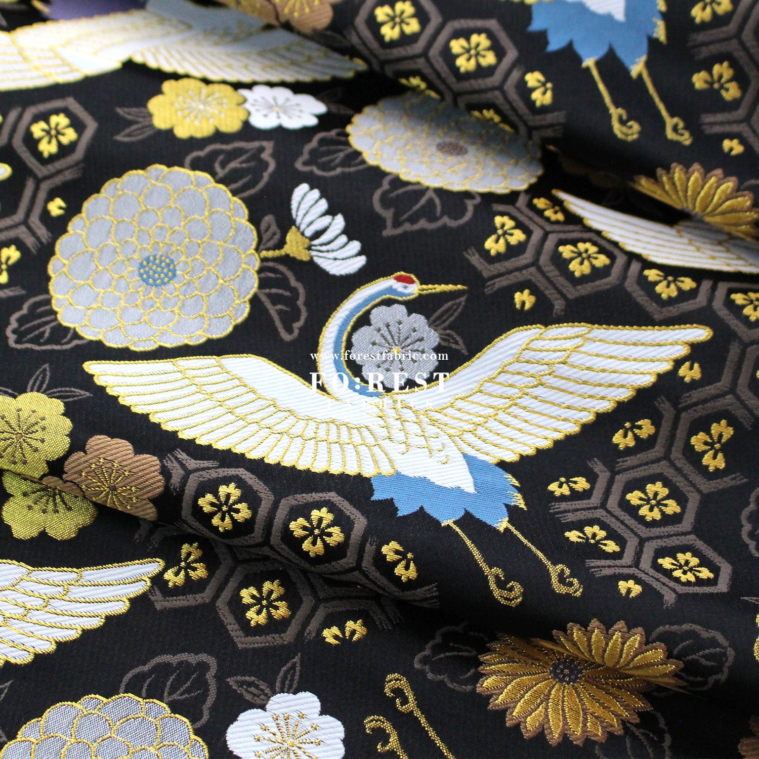 Gold Brocade - Crane fabric Black - FO:REST Fabric 布恩堂Liberty fabrictana lawnjapanese fabricykk zipper