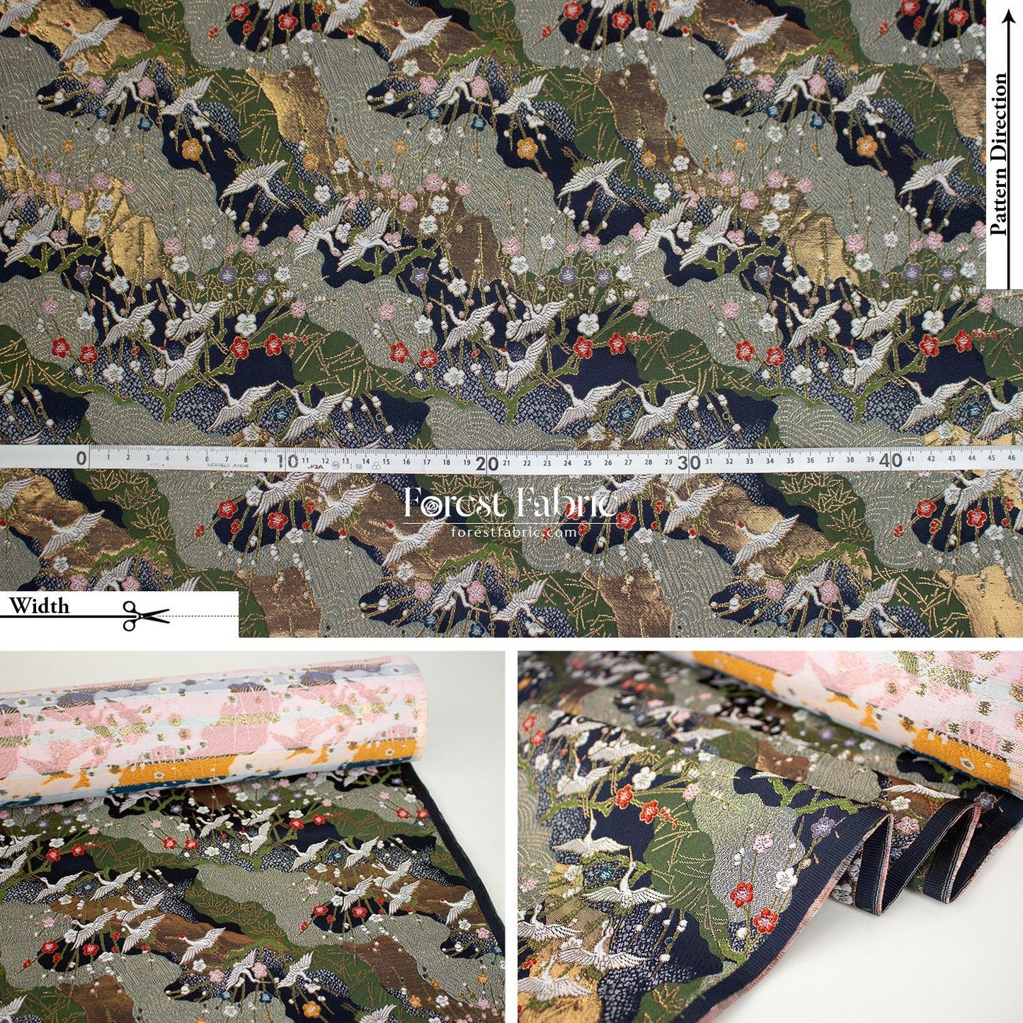 Gold Brocade - Crane Flower Cloud fabric navy - FO:REST Fabric 布恩堂Liberty fabrictana lawnjapanese fabricykk zipper