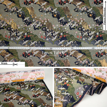 Gold Brocade - Crane Flower Cloud fabric navy - FO:REST Fabric 布恩堂Liberty fabrictana lawnjapanese fabricykk zipper