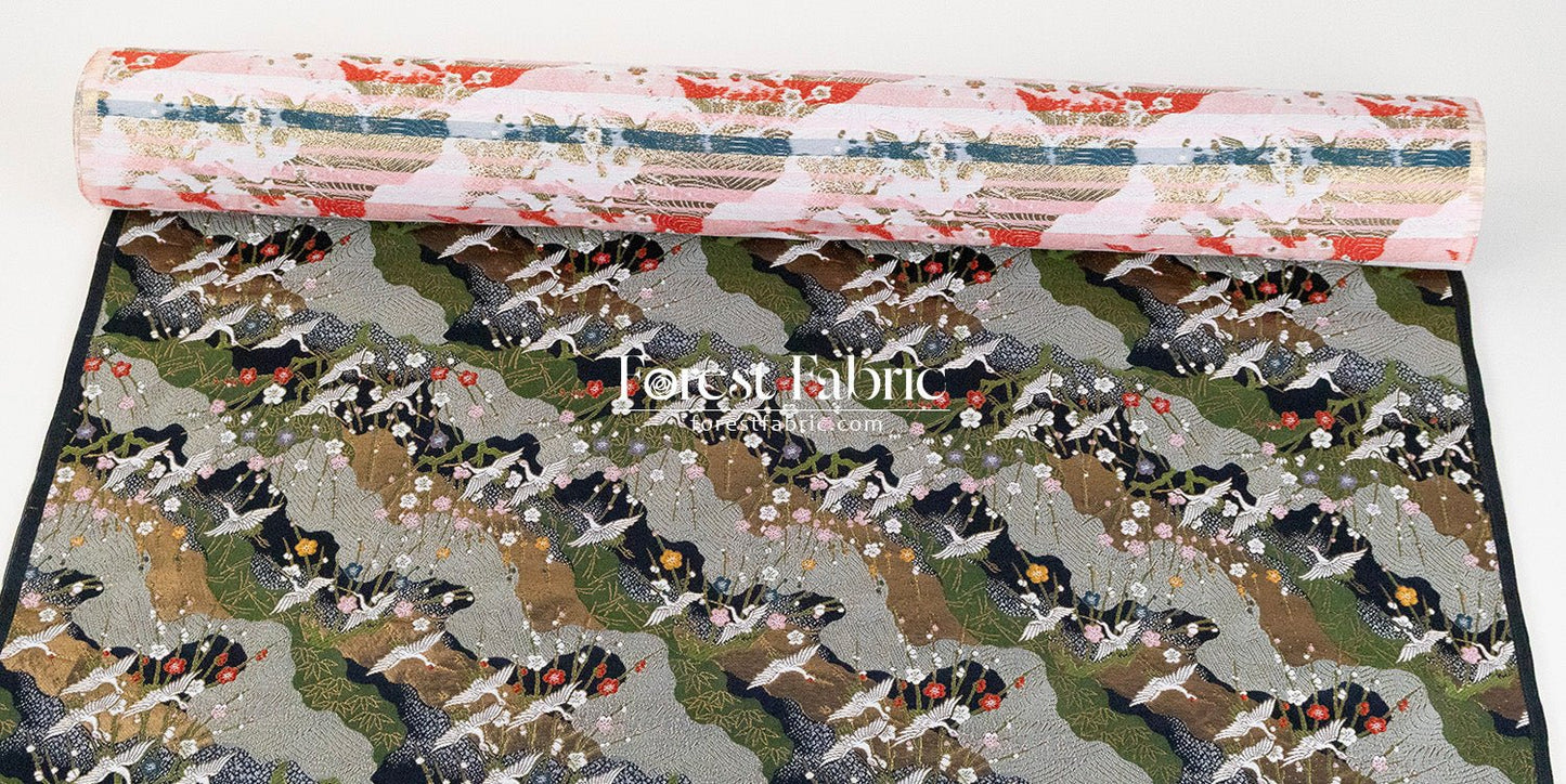 Gold Brocade - Crane Flower Cloud fabric navy - FO:REST Fabric 布恩堂Liberty fabrictana lawnjapanese fabricykk zipper